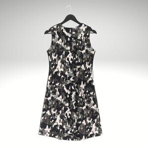 Norma Kamali Sleeveless Fit & Flare‎ Dress Black Gray Abstract Print Pockets, L